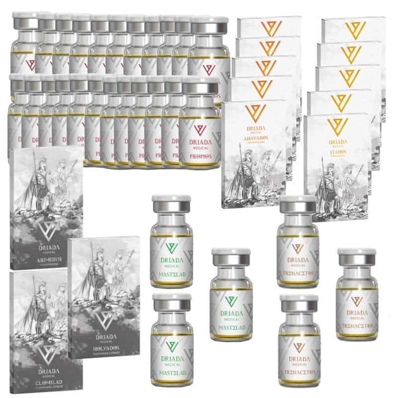 مجموعة زيادة الكتلة الجافة القصوى، تستوستيرون بروجسترون، ترينبولون أسيتات، ماستاتيرون بروجسترون، أنافار، وينسترول عن طريق الفم، 16 أسبوعًا، دريادا