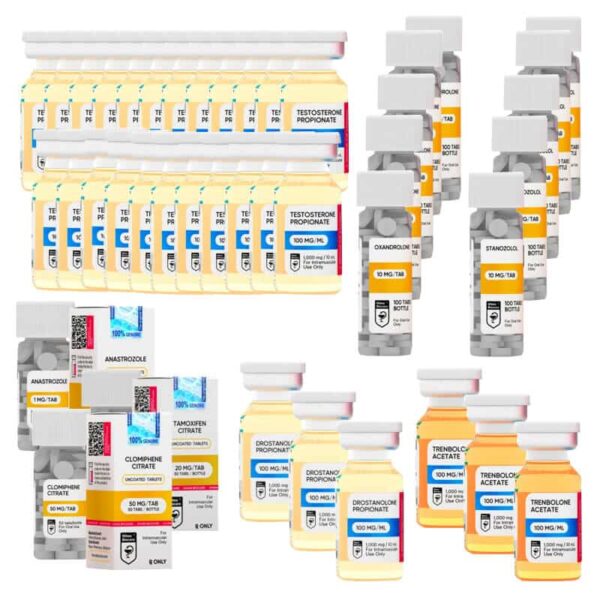 مجموعة زيادة الكتلة العضلية الخالية من الدهون بشكل كبير، تتضمن: تيستوستيرون بروجسترون، ترينبولون أسيتات، ماستاتوكسين بروجسترون، أنافار، وينسترول (عن طريق الفم)، لمدة 16 أسبوعًا، من إنتاج شركة هيلما.