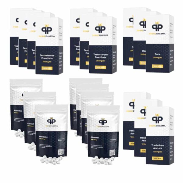 مجموعة زيادة الكتلة العضلية القصوى: تيستوستيرون، إينانثات، ديكا، ترينبولون، ديانابول، لمدة 16 أسبوعًا، من إنتاج برايم فارما.